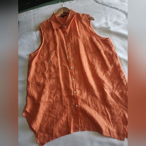 For Cynthia Orange Sleeveless Linen Button Down Coastal Blouse - Picture 5 of 10